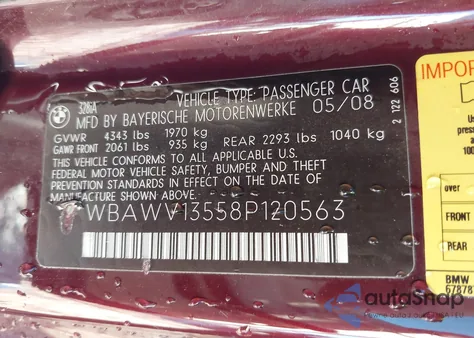 2008 BMW 328I из США, поврежденный, VIN WBAWV13558P120563